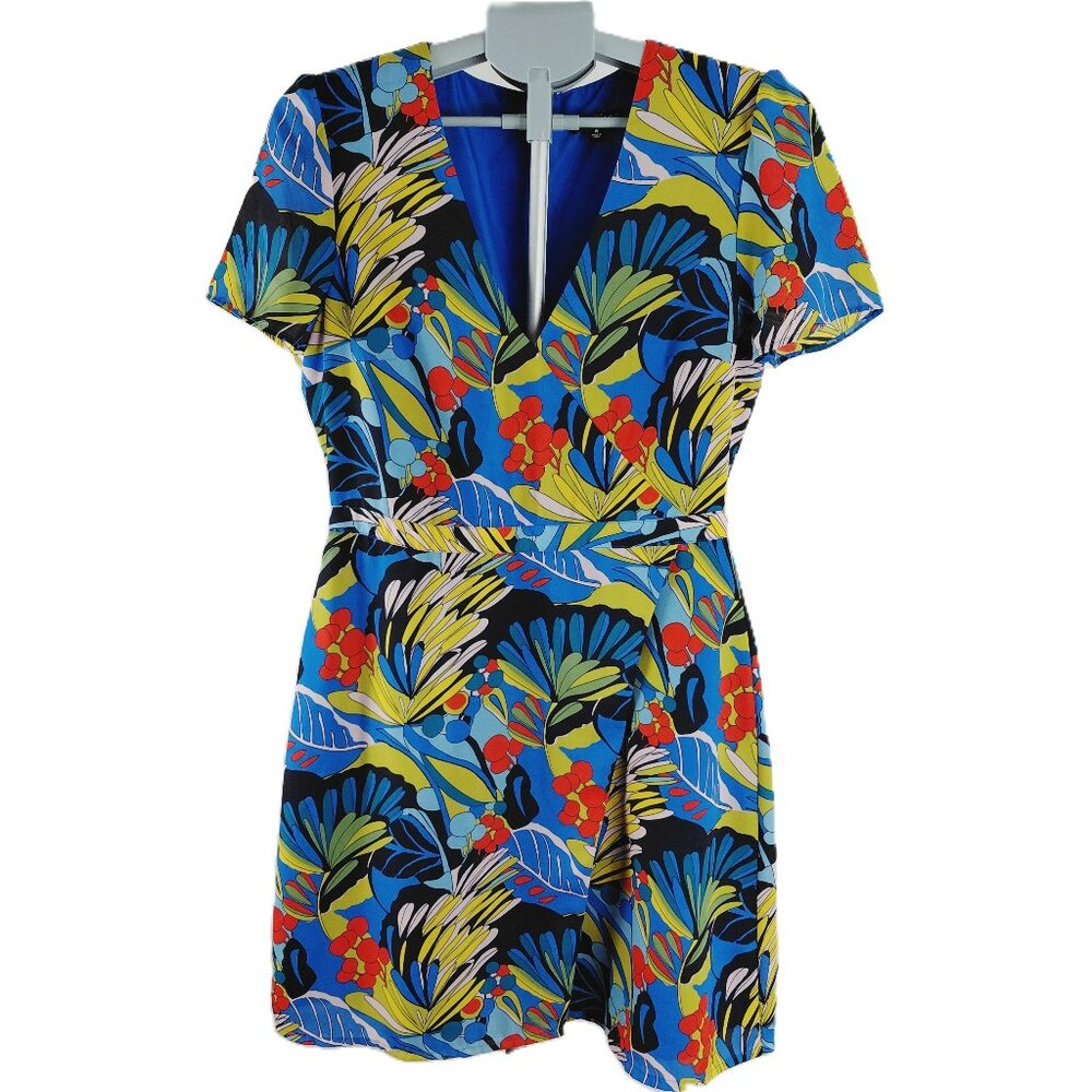 J. Crew Mercantile Faux Wrap Dress Women's 8 Blue Floral Short Sleeve Lined